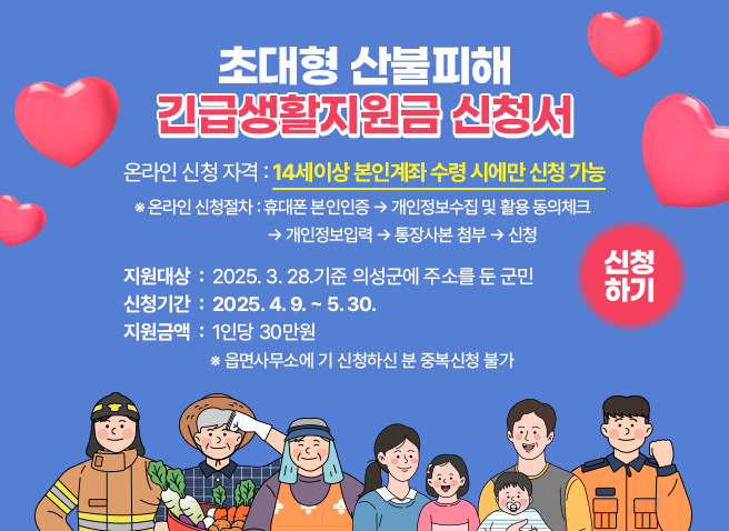 초대형 산불피해 긴급생활지원금 신청서
온라인 신청 자격 : 14세이상 본인계좌 수령 시에만 신청 가능 ※ 온라인 신청절차 : 휴대폰 본인인증 → 개인정보수집 및 활용 동의체크 → 개인정보입력 → 통장사본 첨부 → 신청
지원대상  :  2025. 3. 28.기준 의성군에 주소를 둔 군민 
신청기간  :  2025. 4. 9. ~ 5. 30.
지원금액  :  1인당 30만원
※ 읍면사무소에 기 신청하신 분 중복신청 불가
신청하기